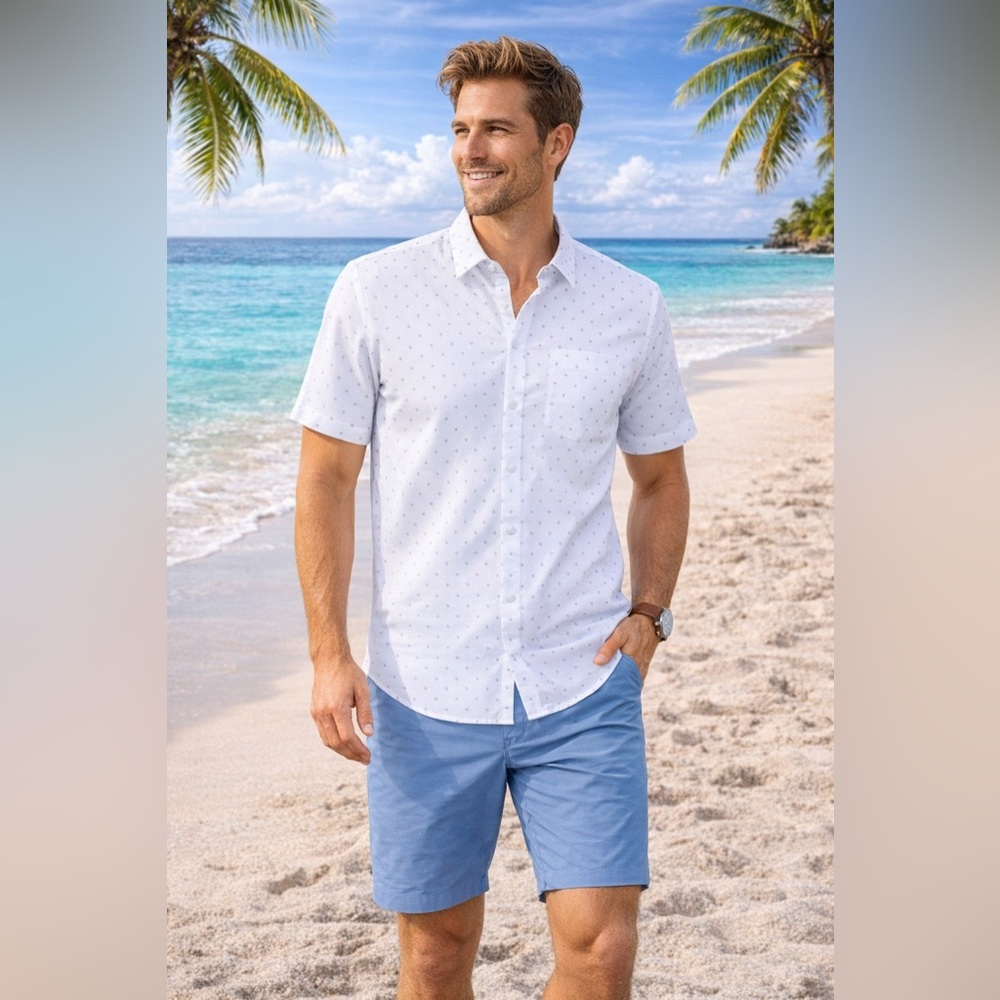 NWT TravisMathew Diamond Print Button Up Shirt Mens Large White Short Sleeve